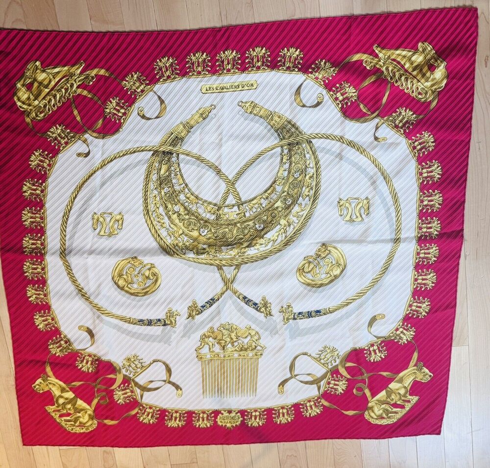 Hermes Carre Les Cavaliers D'Or Golden Horsemen Vintage 90cm Red Silk Scarf